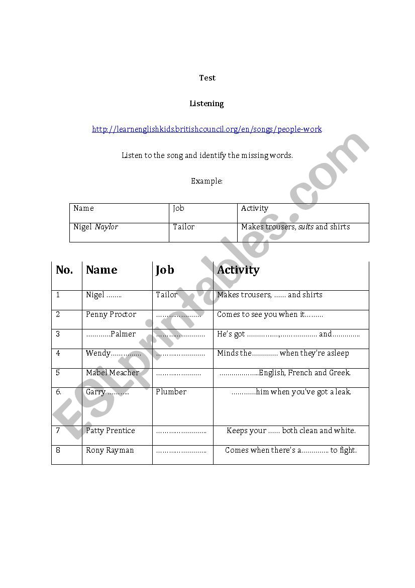 Listening Song- Jobs worksheet