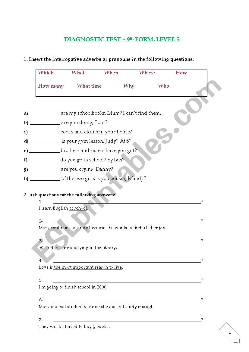 diagnostic test worksheet