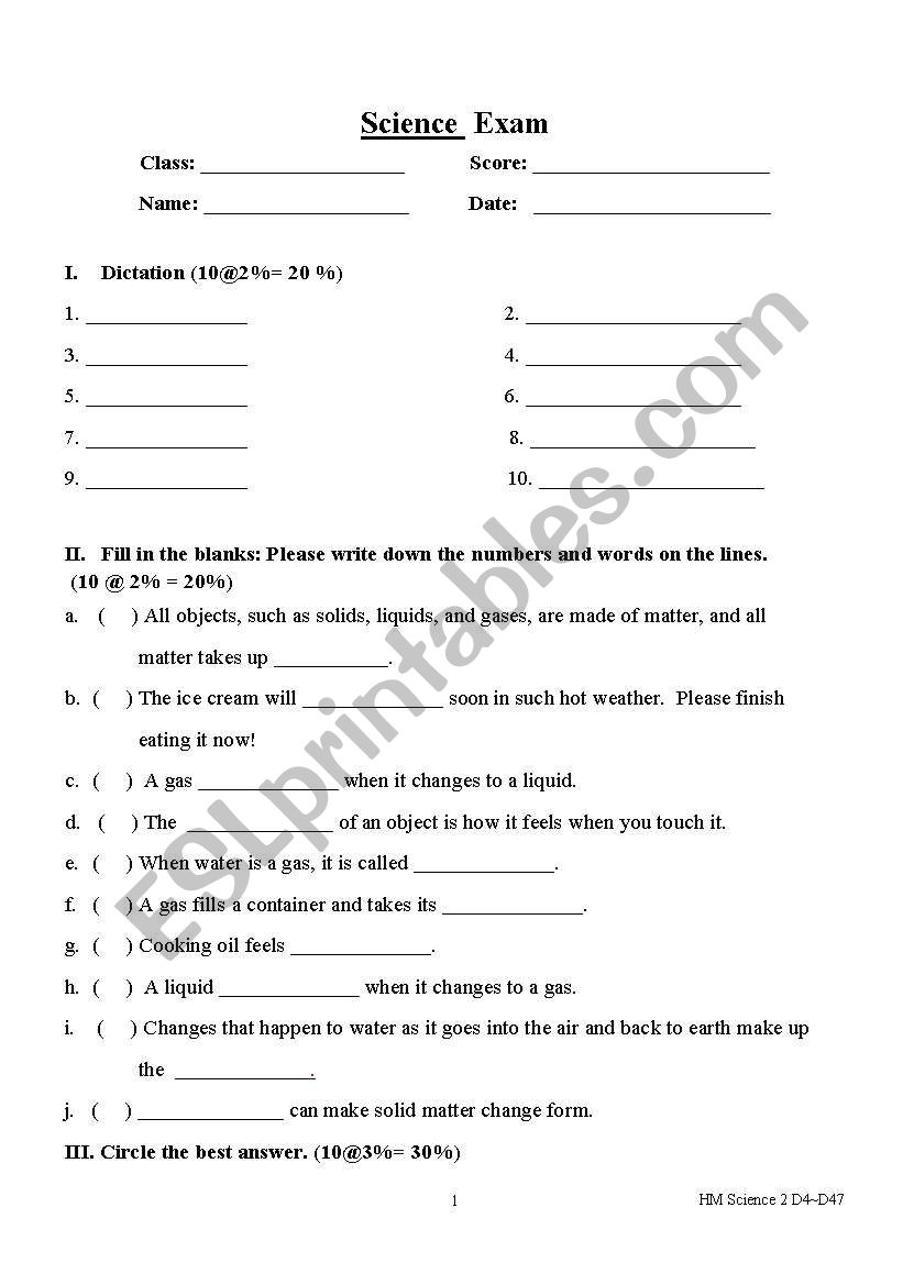 Science worksheet