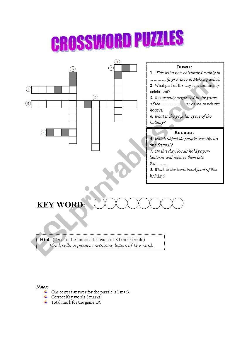 Crossword puzzles on Holiday worksheet