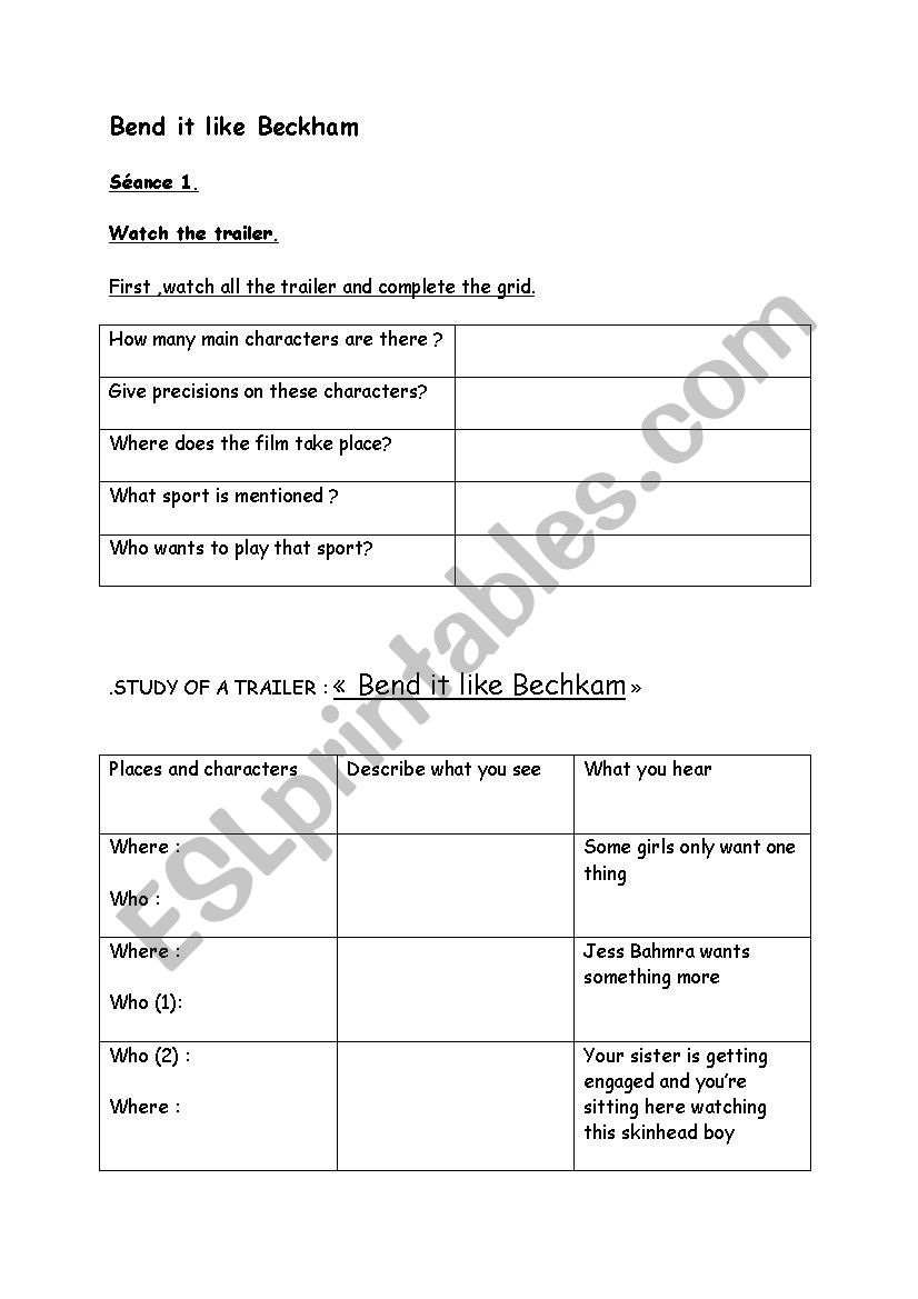 Bend It Like Beckham ESL Worksheet By English Teacher73