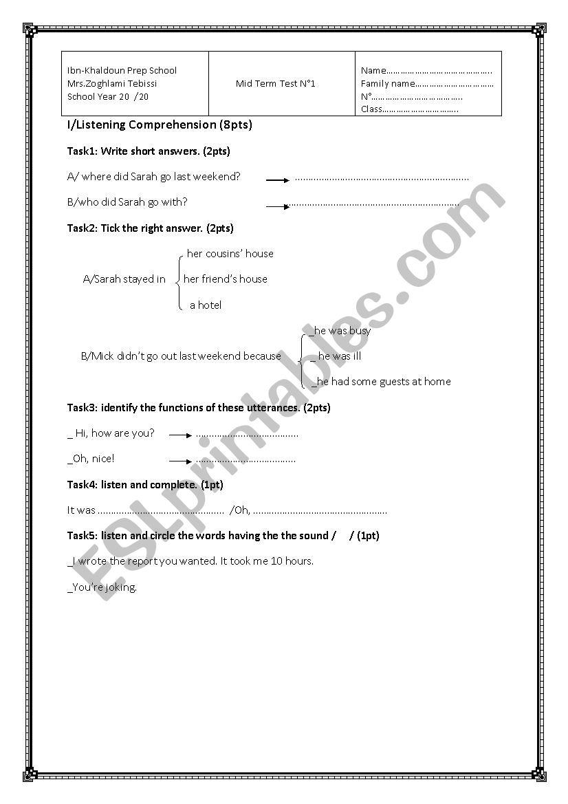 Mid of term test n1 worksheet