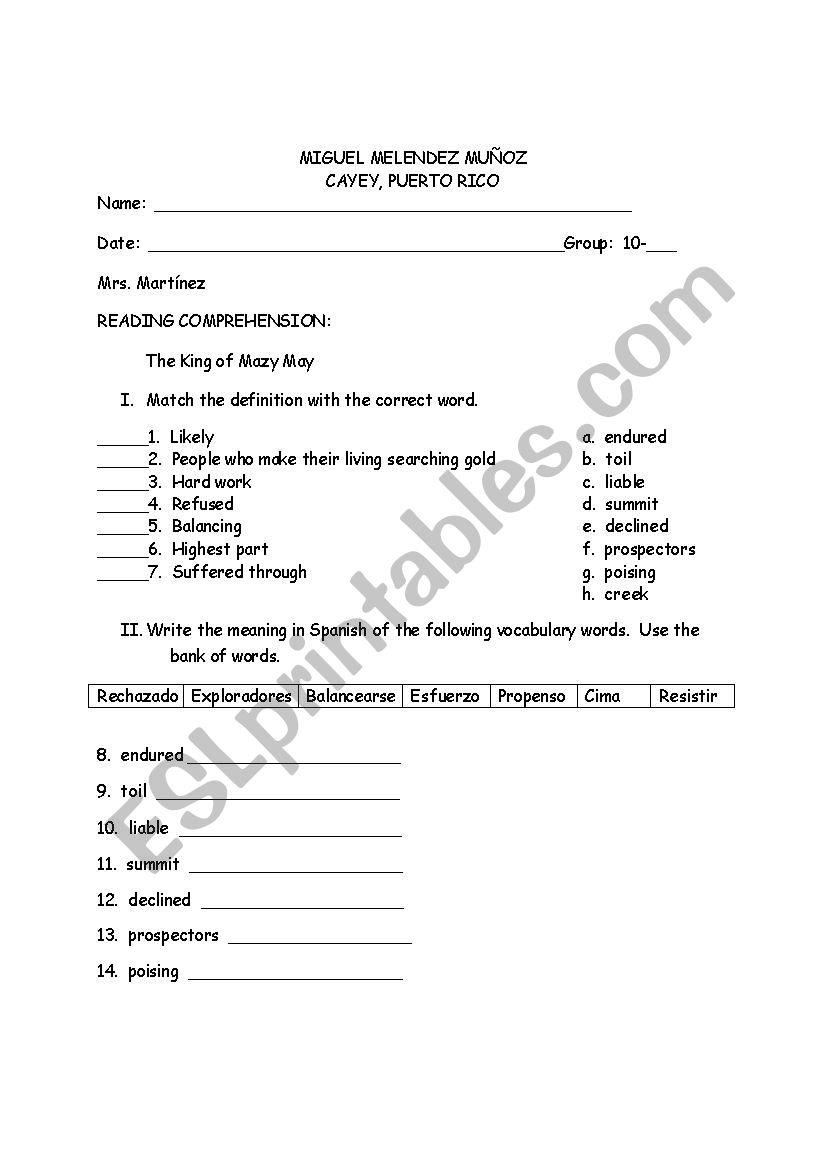 Test The king of Mazy May worksheet