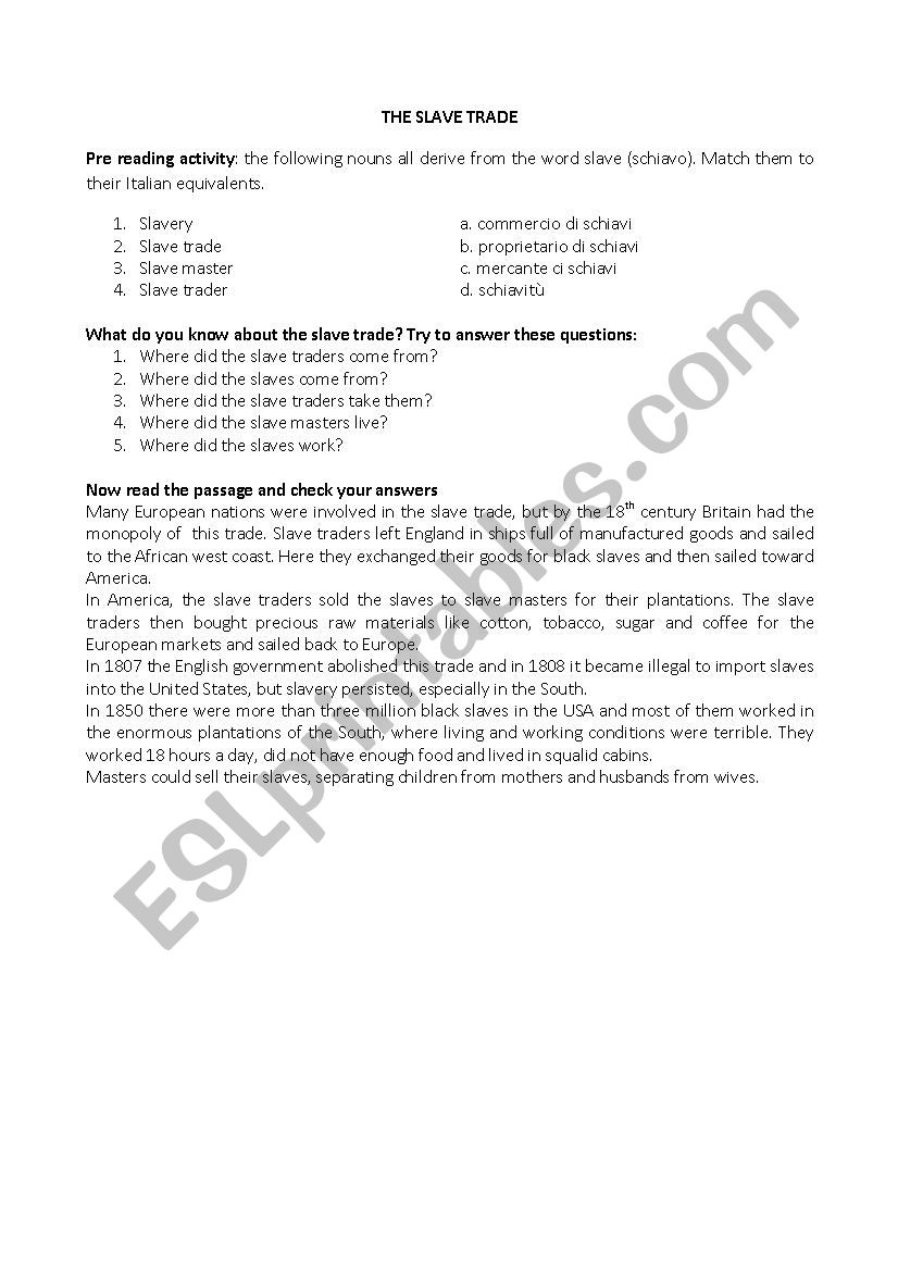 the slave trade worksheet