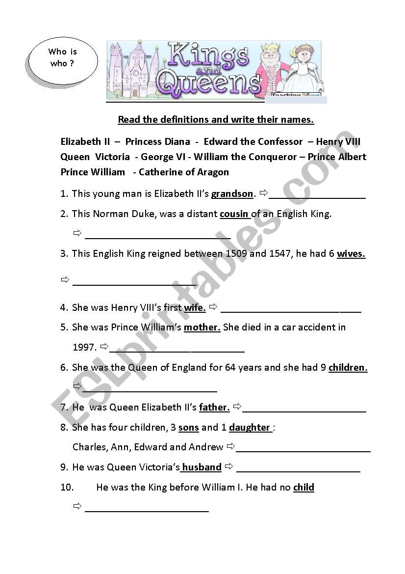 English Kings Queens Princes worksheet