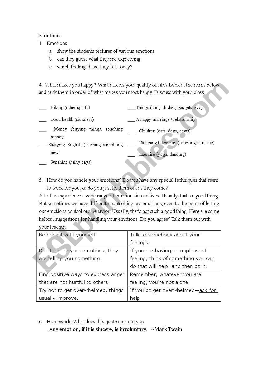 Emotions worksheet