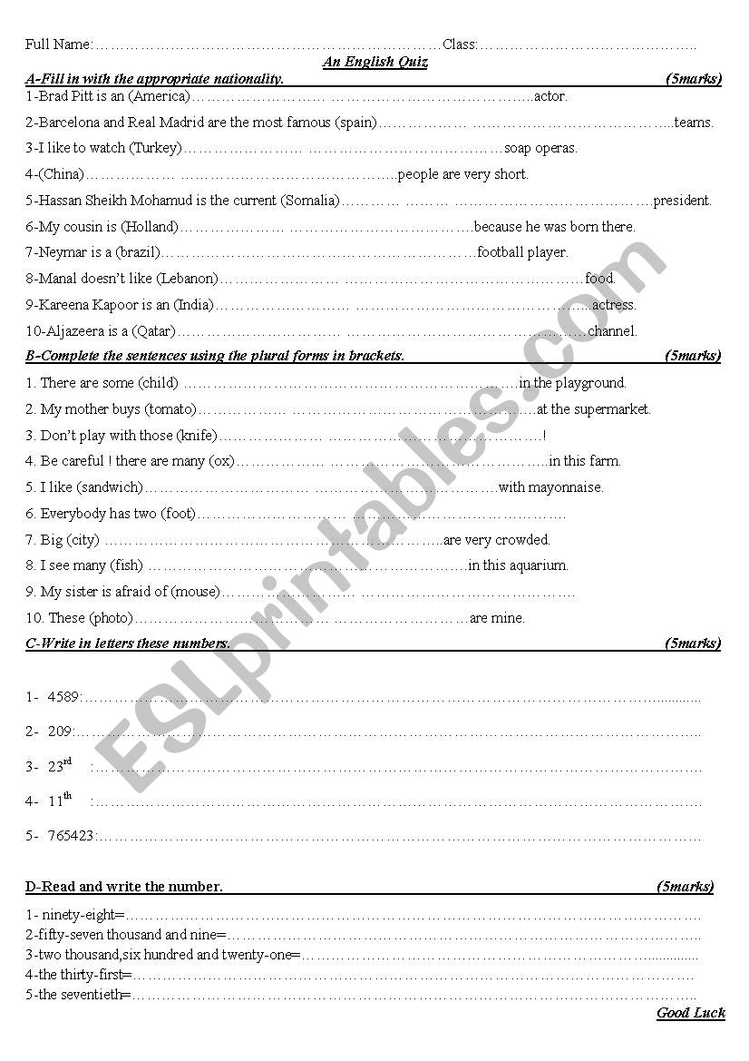 An English  Quiz worksheet