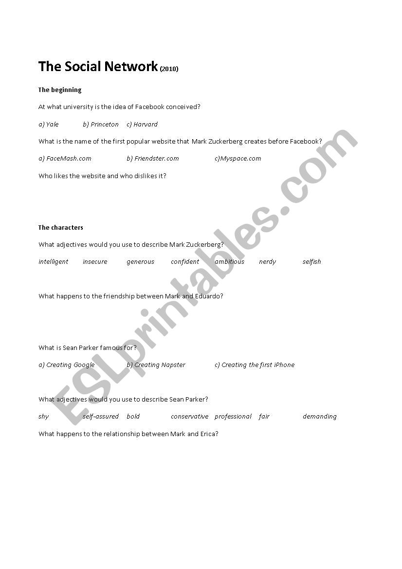 The Social Network Worksheet worksheet