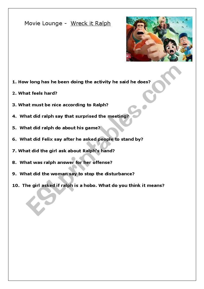 Wrack it Ralph Movie worksheet