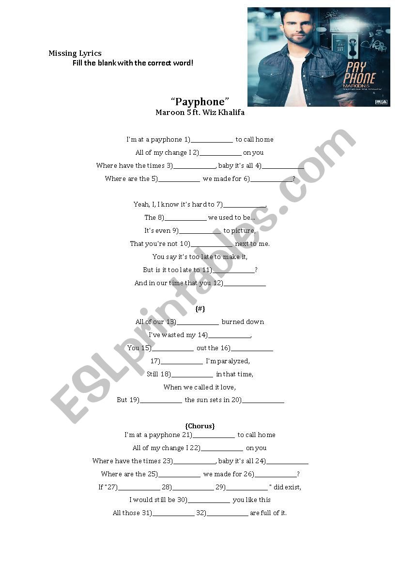 Payphone by Maroon 5 worksheet