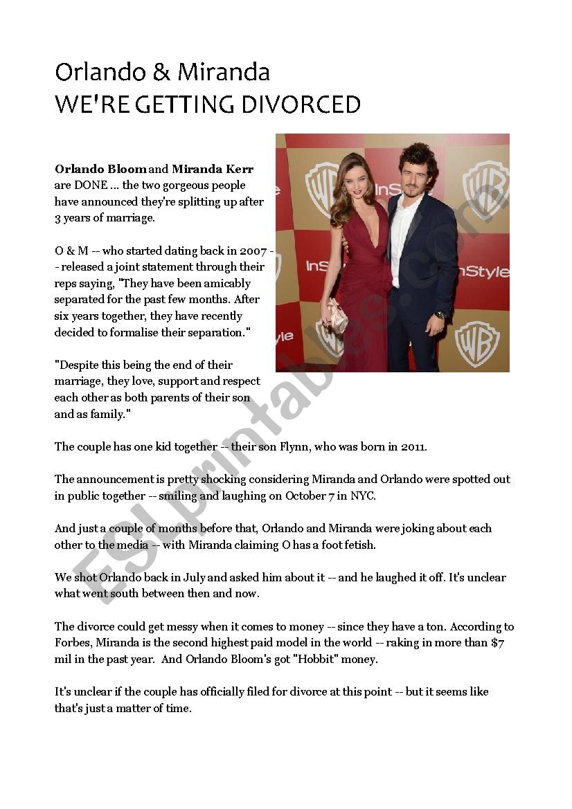 Reading - an article about Miranda Kerr and Orlando Bloom