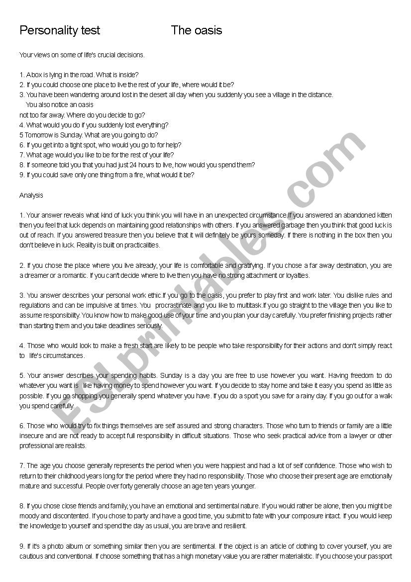 personality test  The oasis worksheet