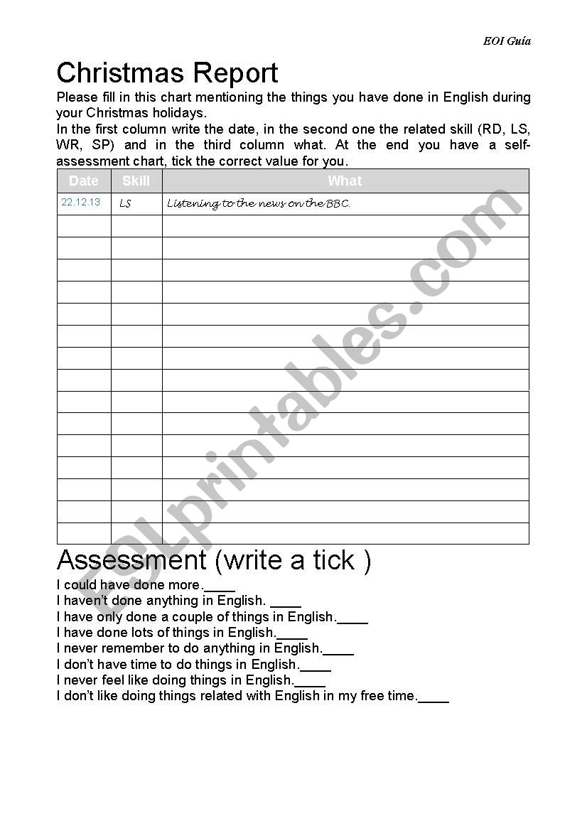 Christmas record worksheet