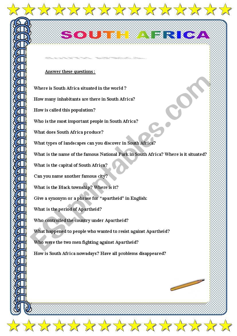 South Africa worksheet