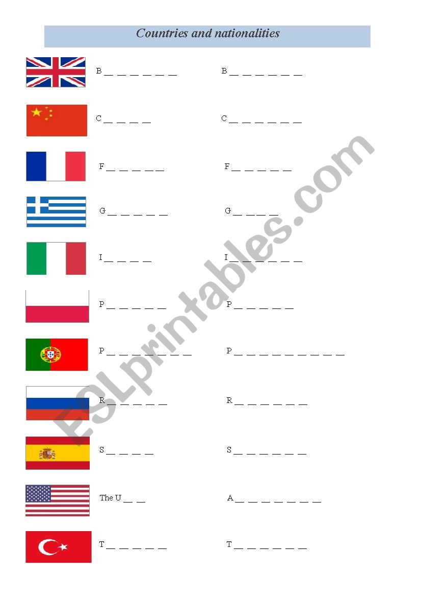 Countries and nationalities - ESL worksheet by MagdaLenka3