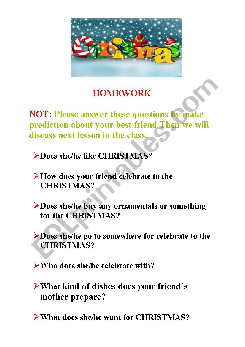 christmas homework questons worksheet