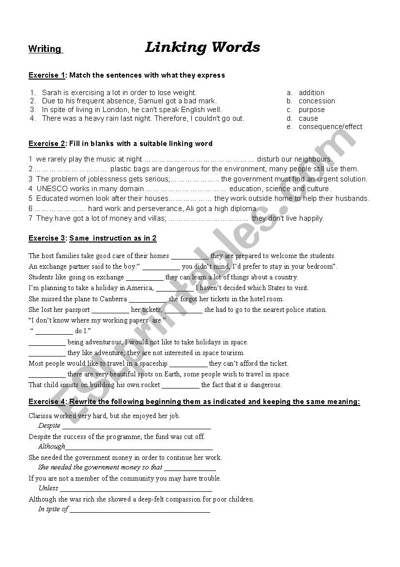 connectors / link words worksheet