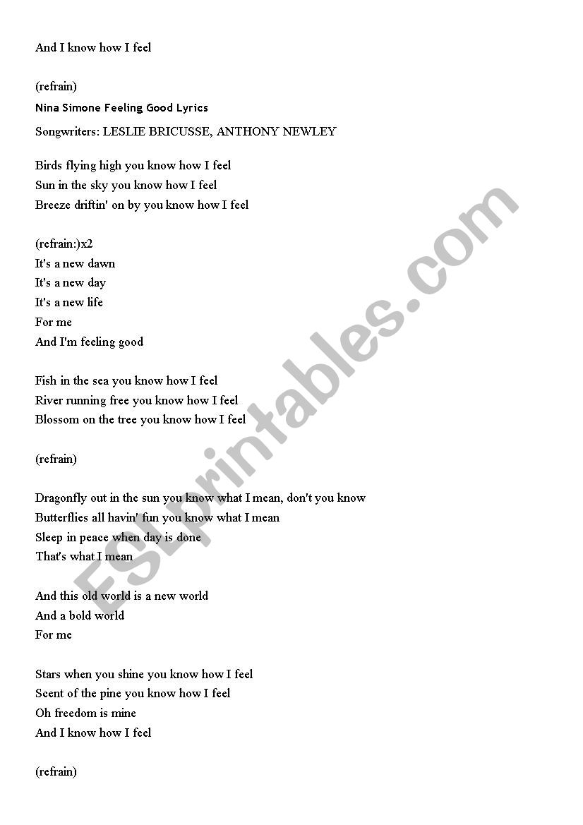 Nina Simone Feeling Good - ESL worksheet by lnjuliet