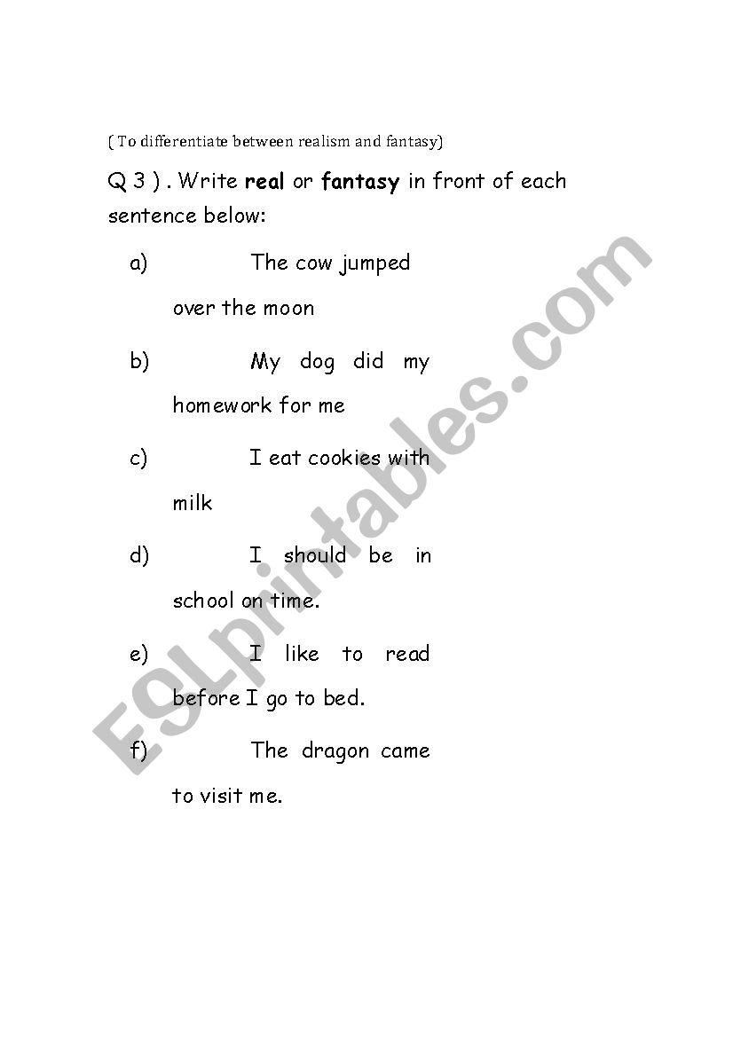 real or fantasy  worksheet