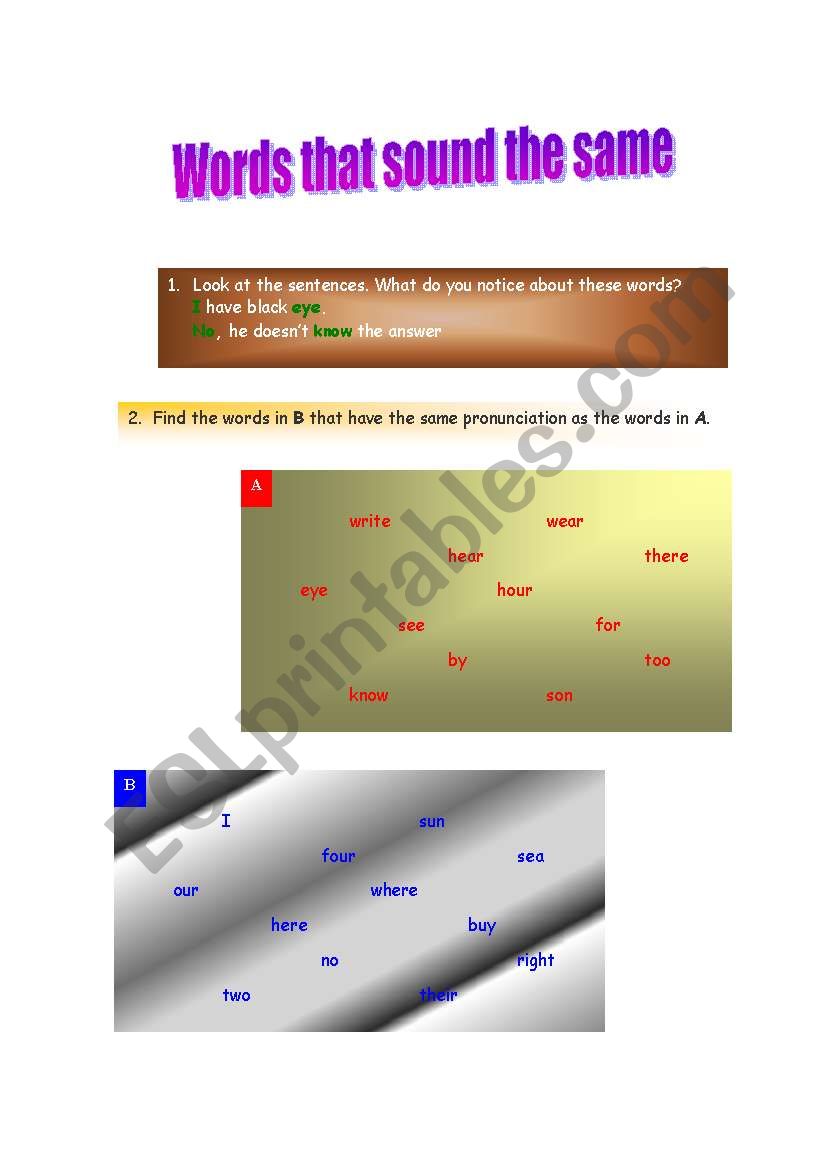 English Worksheets Words That Sound The Same