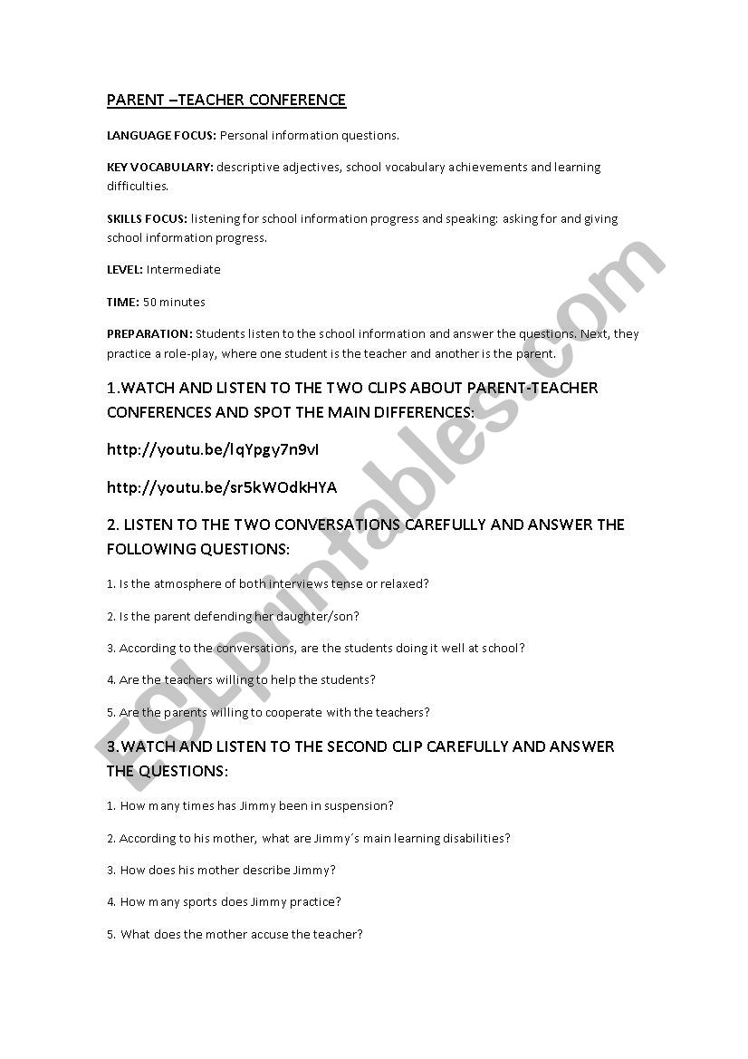 PARENT- TEACHER CONFERENCE - ESL worksheet by CNM25 With In School Suspension Worksheet