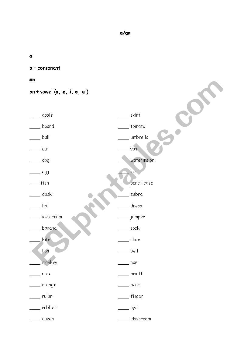 a an articles worksheet