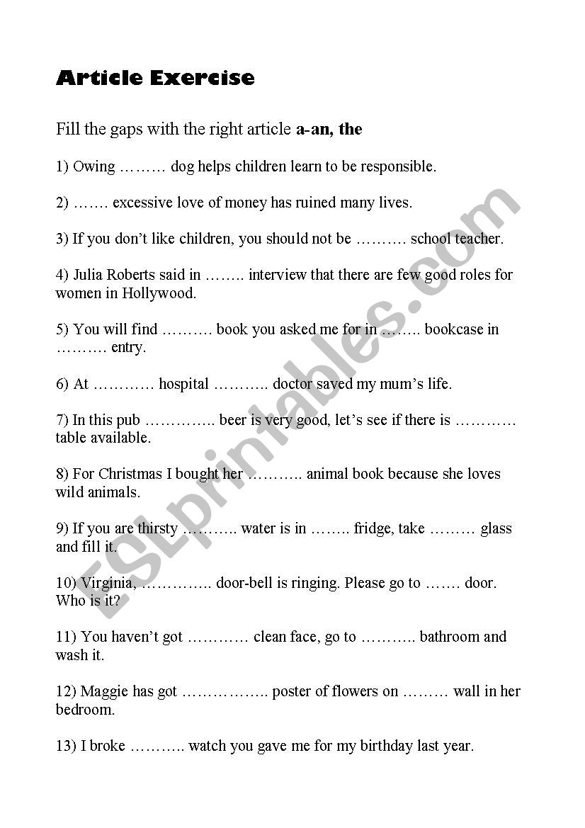 Article exercise worksheet