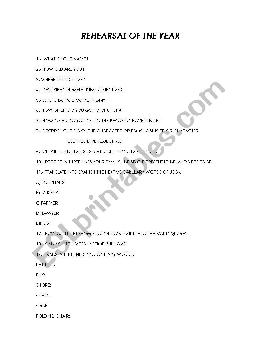 rehearsal of the year worksheet