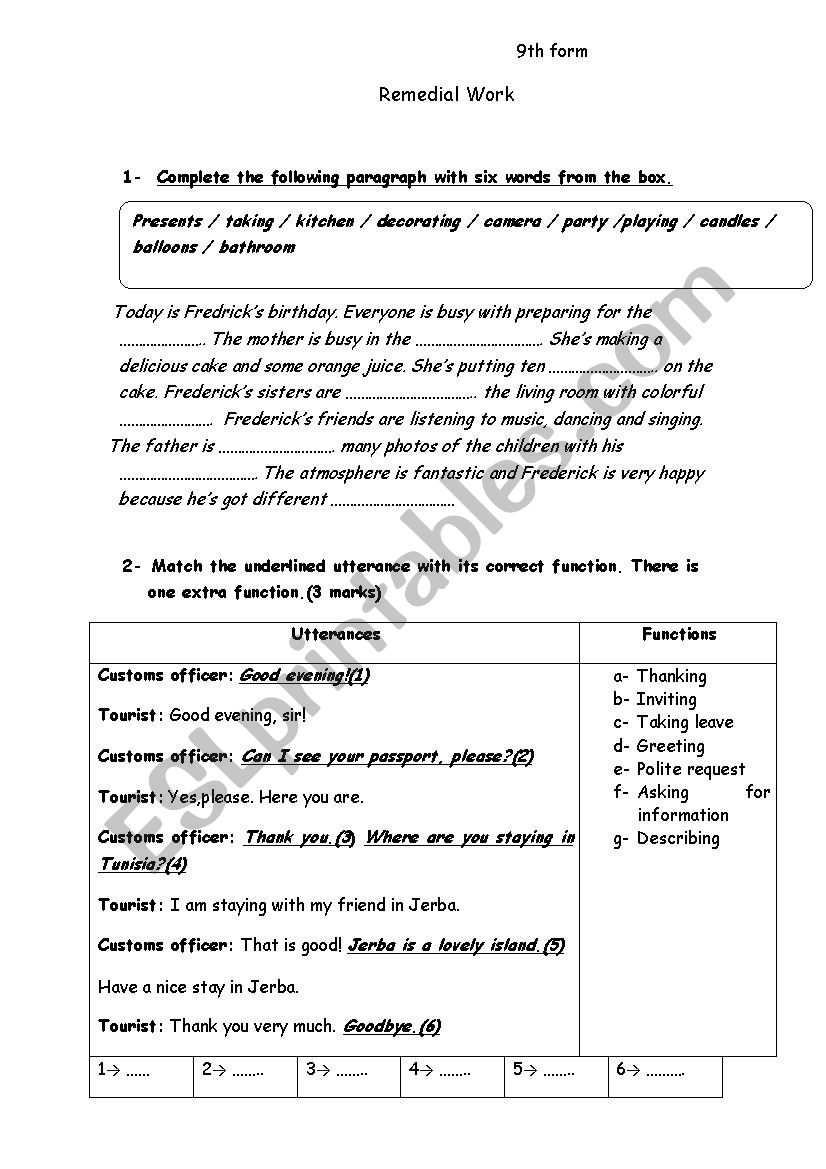 remdial work worksheet