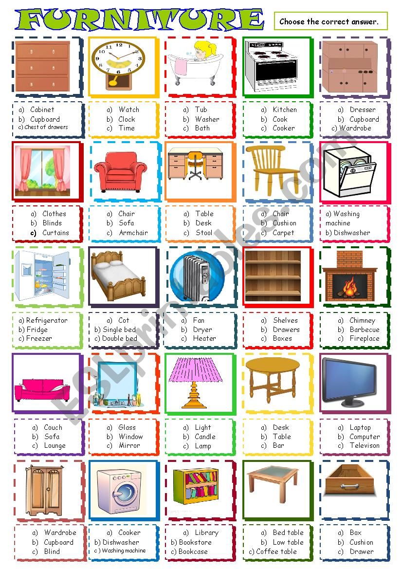 Furniture :Multiple choice activity - ESL worksheet by spied-d-aignel