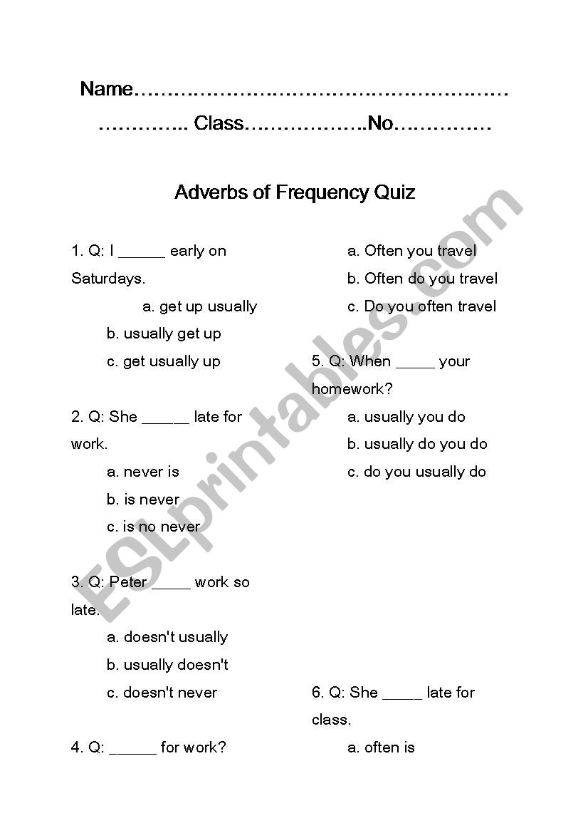 Adverb of frequency Quiz worksheet