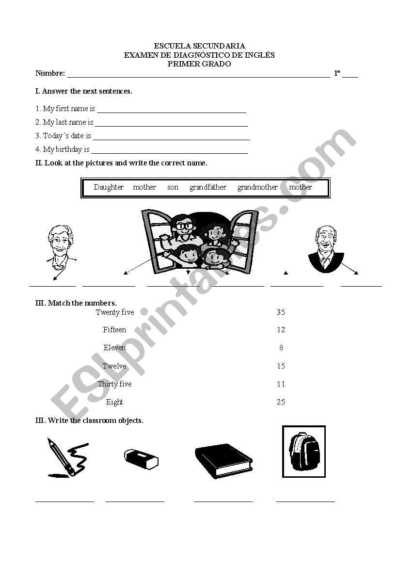 diagnostic test worksheet