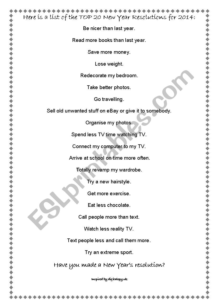 New Year´s Resolutions 2014 - ESL worksheet by evinches