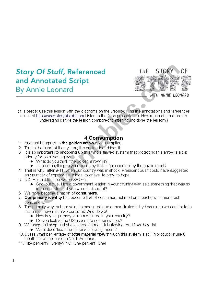 The Story of Stuff, part 22 of 22 - ESL worksheet by mick malkemus Regarding The Story Of Stuff Worksheet