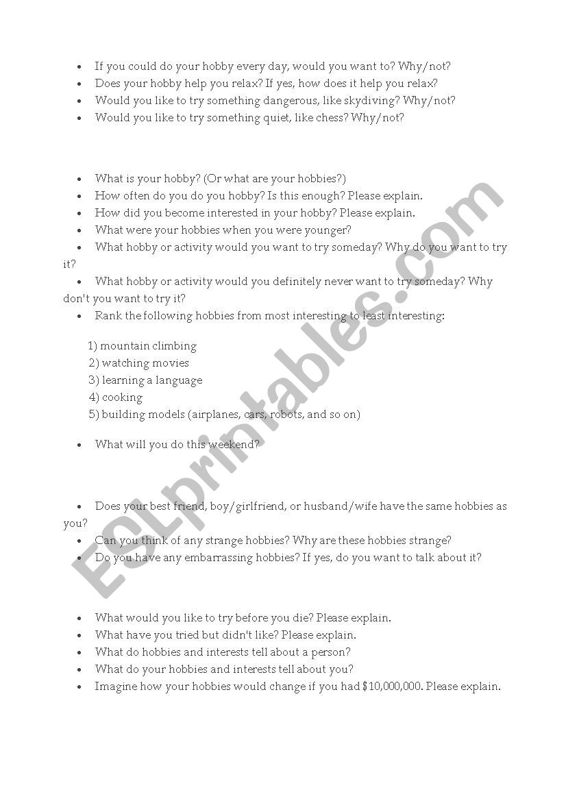 Hobbies worksheet