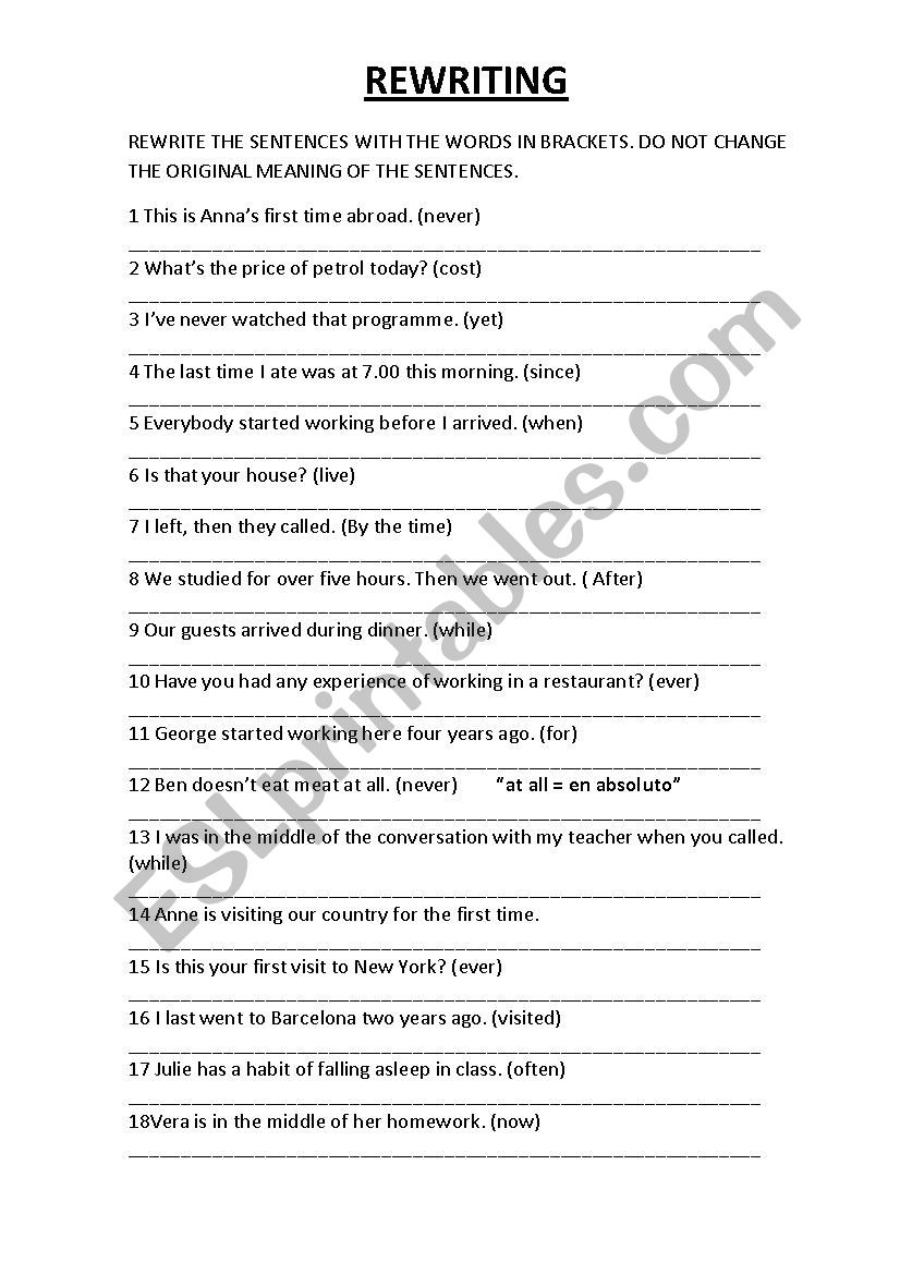 Rewrite The Sentences ESL Worksheet By Gloryjoe