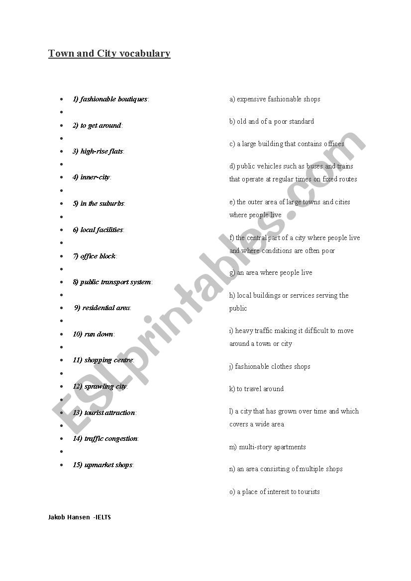 Town and city vocabulary worksheet