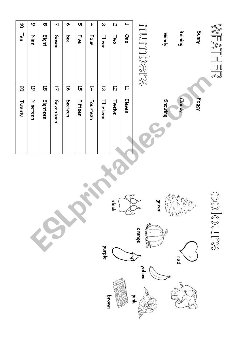 Weather, numbers and colours worksheet