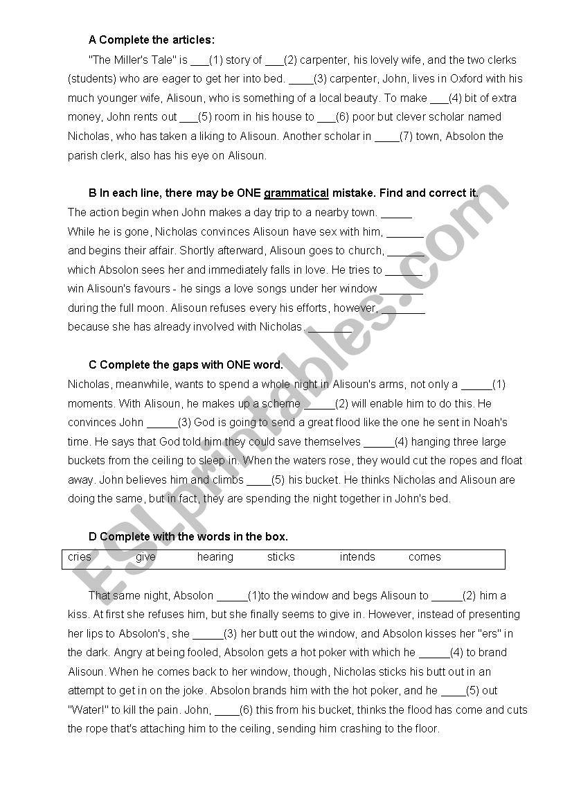 Geoffrey Chaucer - Millers Tale Summary (activities worksheet)