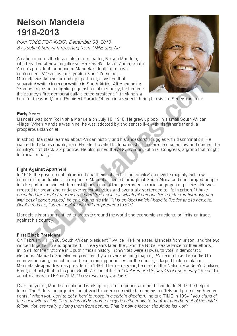 Nelson Mandela : a biography ESL worksheet by MarionMG