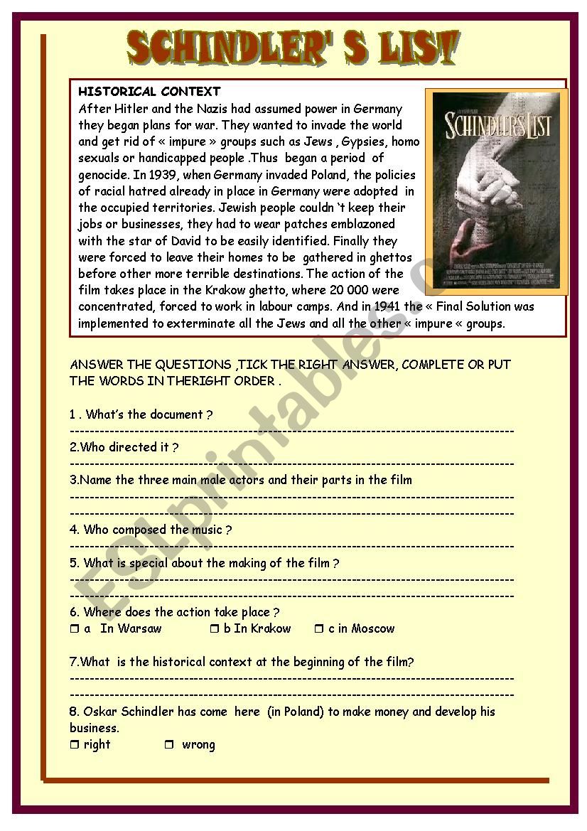 Schindler´s list :part 1 - ESL worksheet by spied-d-aignel