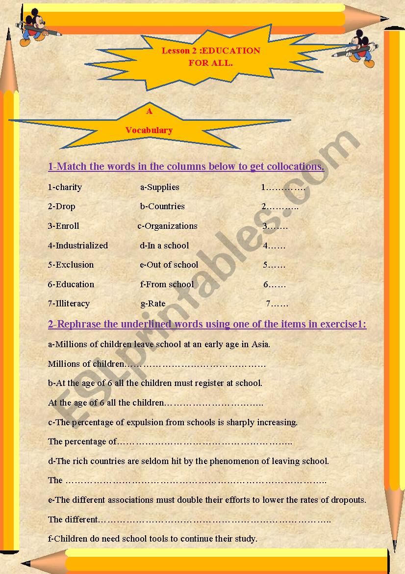 education for all worksheet