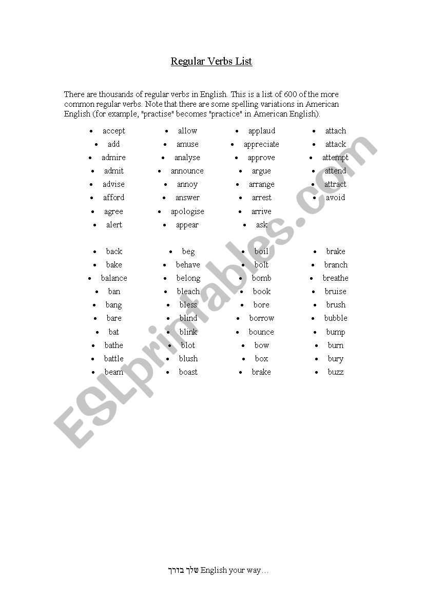 regular verb list  worksheet