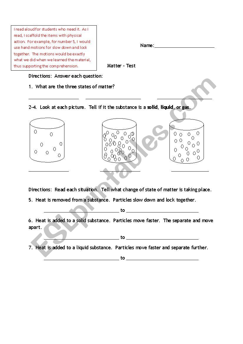 Matter Test for grade 6 worksheet
