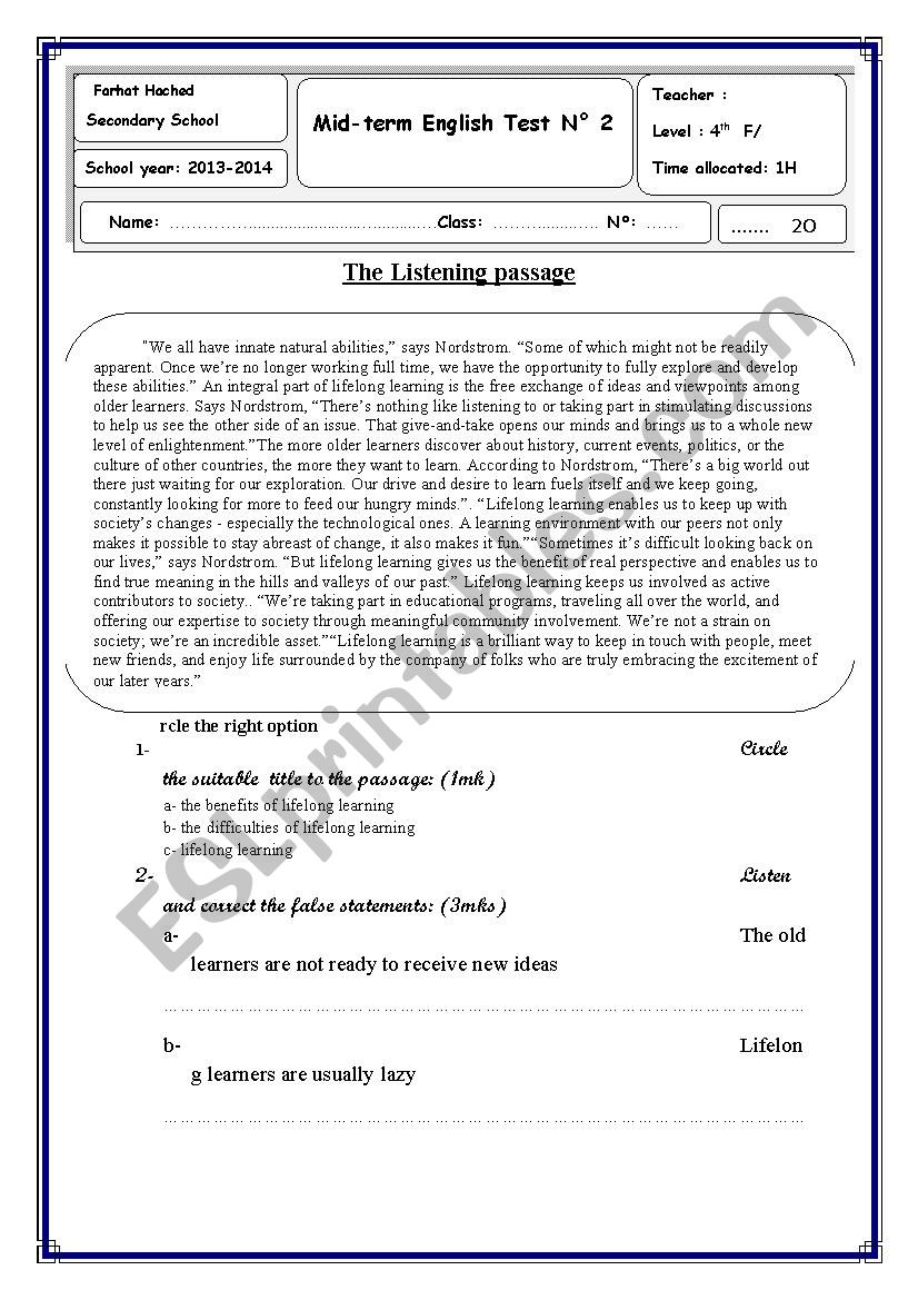 Mid-term English Test N° 2(bac ) - ESL worksheet by sami 77