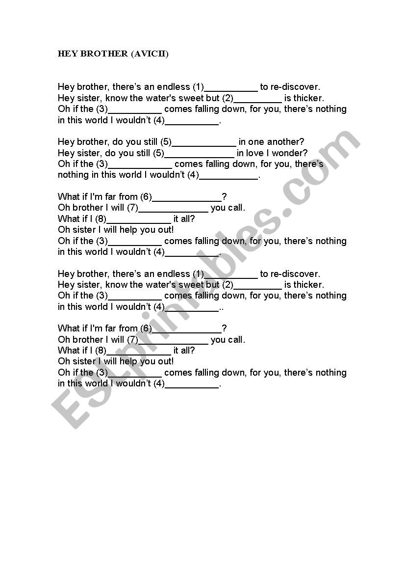 Hey brother (Avicii) worksheet