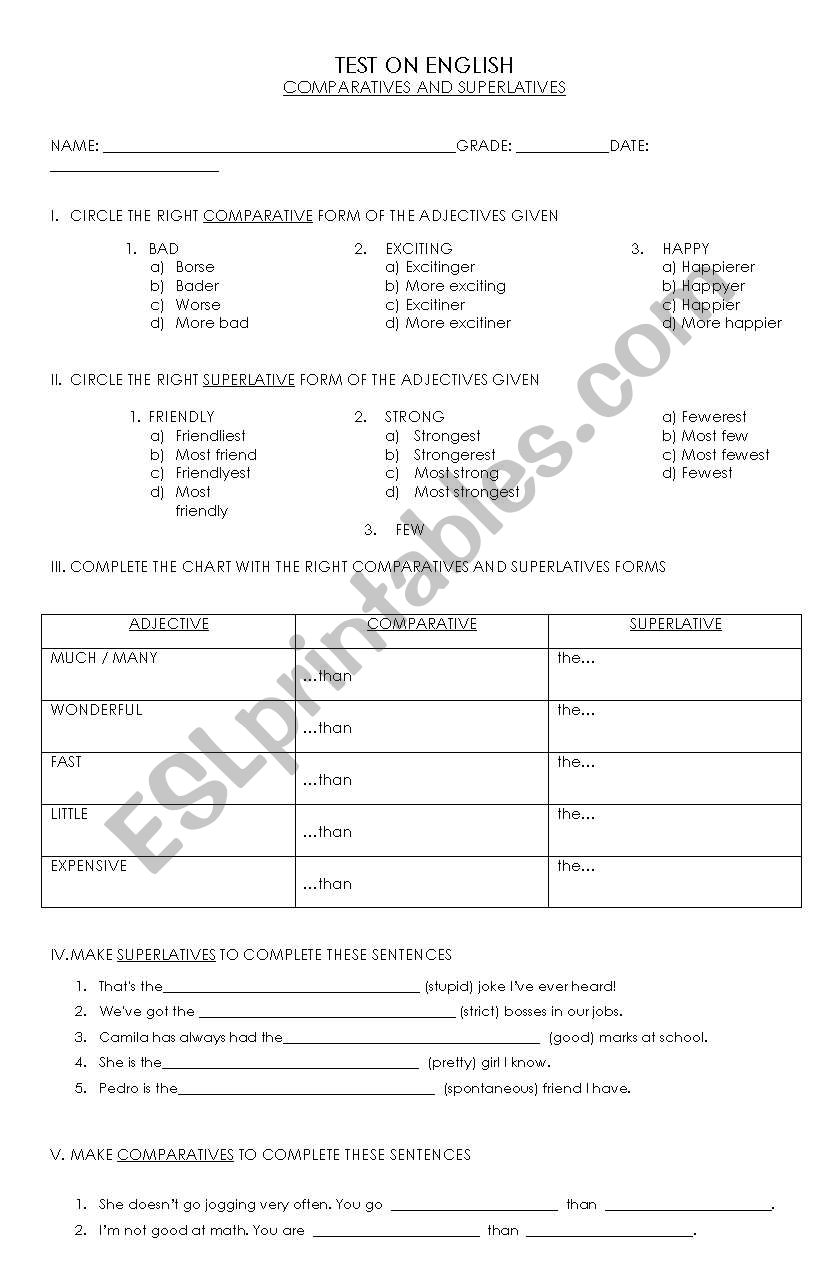 Comparatives, Superlatives Worksheet