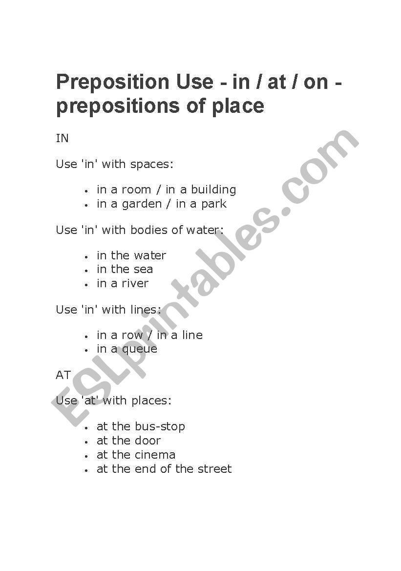 Preposition Use worksheet