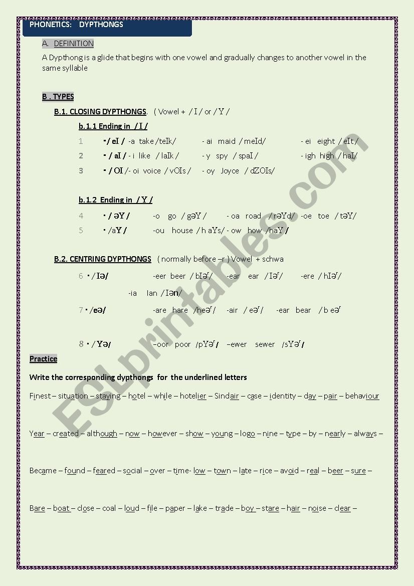 phonetics dypthongs worksheet