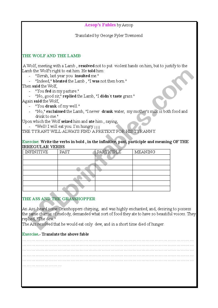 Aesops Fables adapted worksheet